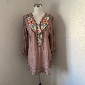 Scarlett Silk Boho Embroidered Tunic Long Sleeve Lace Up V Neck Scallop Edge L